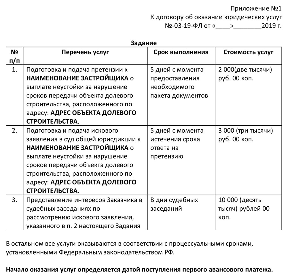 Разбор договора на оказание юридических услуг по спору с застройщиком